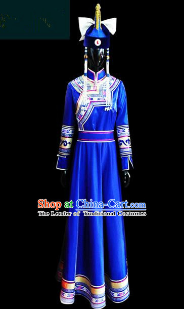 Traditional Chinese Mongol Nationality Dance Costume Female Blue Pleated Skirt, Chinese Mongolian Minority Nationality Princess Embroidery Costume for Women