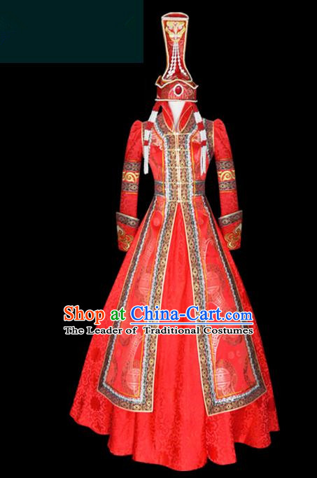 Traditional Chinese Mongol Nationality Costume Queen Red Bubble Dress, Chinese Mongolian Minority Nationality Princess Embroidery Wedding Clothing for Women