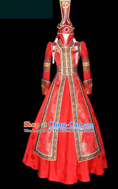 Traditional Chinese Mongol Nationality Costume Queen Red Bubble Dress, Chinese Mongolian Minority Nationality Princess Embroidery Wedding Clothing for Women