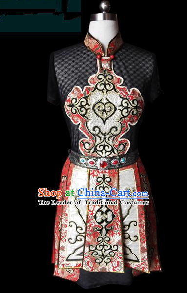 Traditional Chinese Mongol Nationality Dance Costume Female Dress, Chinese Mongolian Minority Nationality Princess Embroidery Clothing for Women