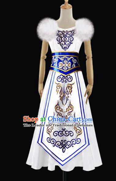 Traditional Chinese Mongol Nationality Dance Costume Female White Dress, Chinese Mongolian Minority Nationality Princess Mongolian Robe Embroidery Clothing for Women