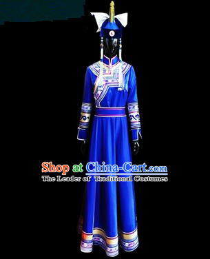 Traditional Chinese Mongol Nationality Dance Costume Female Dress, Chinese Mongolian Minority Nationality Princess Blue Mongolian Robe Embroidery Clothing for Women