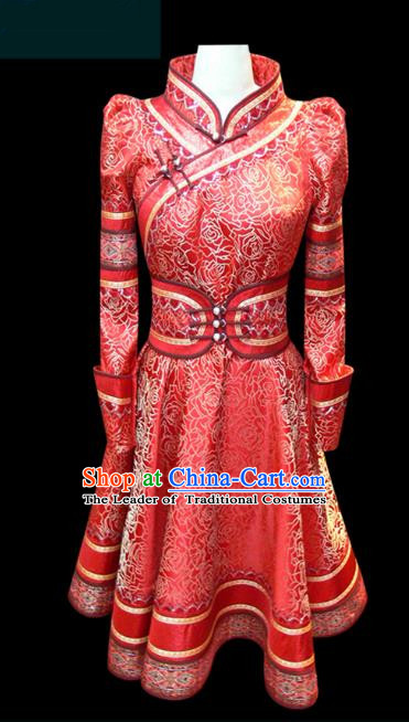 Traditional Chinese Mongol Nationality Dance Costume Young Lady Dress, Chinese Mongolian Minority Nationality Princess Mongolian Robe Embroidery Clothing for Women