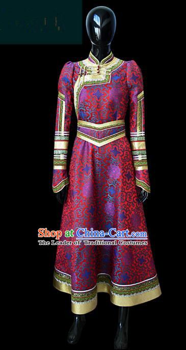 Traditional Chinese Mongol Nationality Dance Costume Female Purple Mongolian Robe, Chinese Mongolian Minority Nationality Princess Embroidery Costume for Women