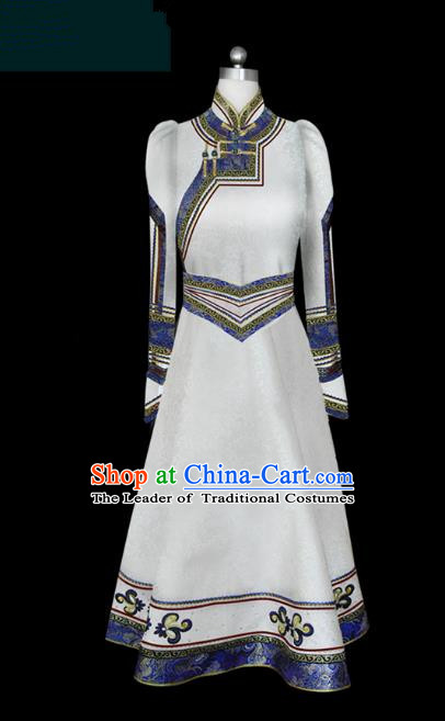 Traditional Chinese Mongol Nationality Dance Costume Female White Mongolian Robe, Chinese Mongolian Minority Nationality Princess Embroidery Costume for Women