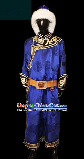 Traditional Chinese Mongol Nationality Dance Costume Blue Mongolian Robe, Chinese Mongolian Minority Nationality Royal Highness Embroidery Costume for Men