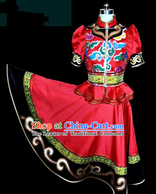 Traditional Chinese Mongol Nationality Dance Costume Female Red Pleated Skirt, Chinese Mongolian Minority Nationality Princess Embroidery Clothing for Women