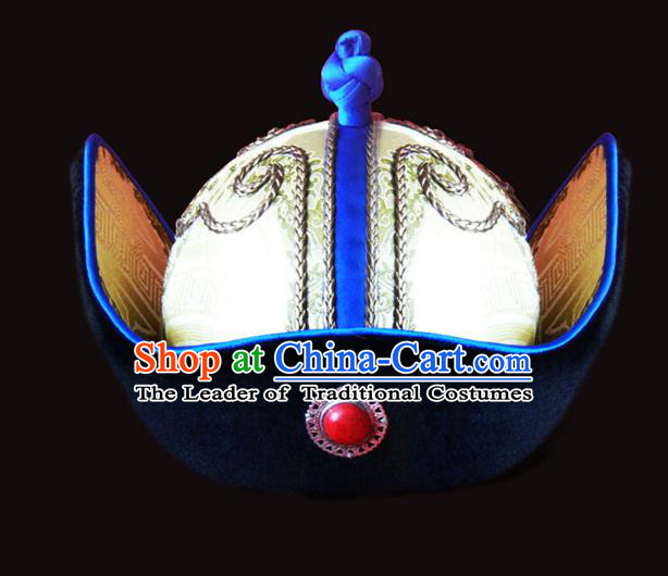 Traditional Chinese Mongol Nationality Royal Highness Hat, Chinese Mongolian Minority Nationality Headwear for Men