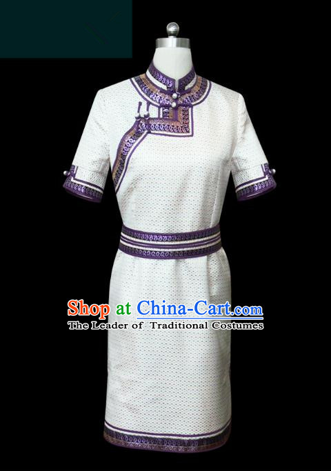 Traditional Chinese Mongol Nationality Dance Costume White Mongolian Robe, Chinese Mongolian Minority Nationality Young Lady Embroidery Dress for Women