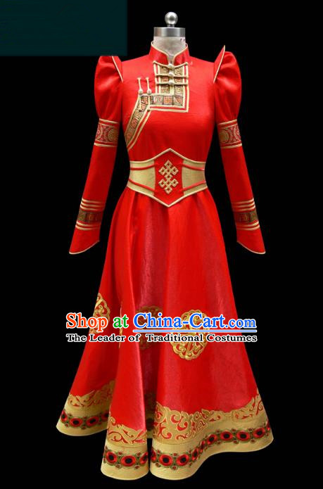 Traditional Chinese Mongol Nationality Costume Queen Wedding Full Dress, Chinese Mongolian Minority Nationality Bride Red Mongolian Robe for Women