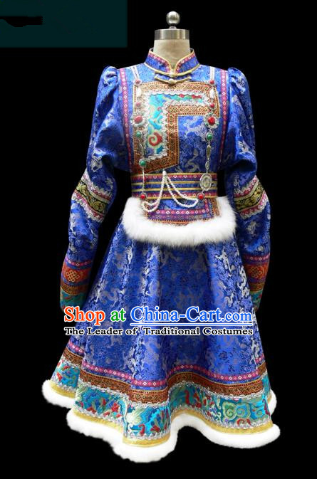 Traditional Chinese Mongol Nationality Costume Princess Blue Mongolian Robe, Chinese Mongolian Minority Nationality Dance Dress Clothing for Women