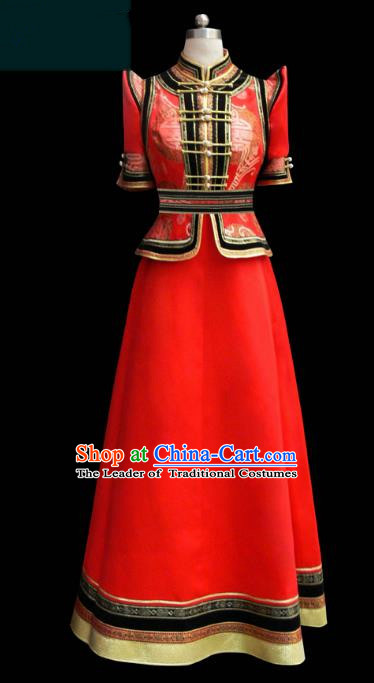 Traditional Chinese Mongol Nationality Costume Red Dress Bride Mongolian Robe, Chinese Mongolian Minority Dance Wedding Clothing for Women