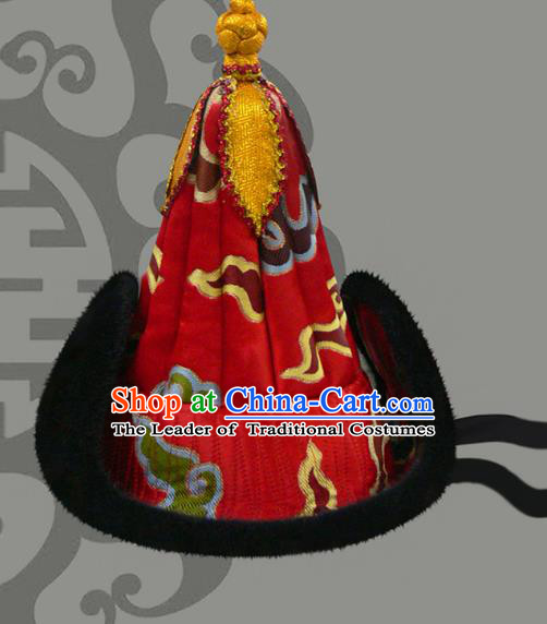 Traditional Chinese Mongol Nationality Royal Highness Hat, Chinese Mongolian Minority Nationality Headwear for Men