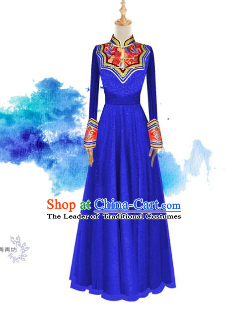 Traditional Chinese National Costume Elegant Hanfu Blue Mongolia Dress, China Tang Suit Plated Buttons Chirpaur Cheongsam Qipao for Women