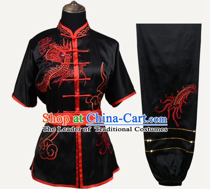 Top Kung Fu Costume Martial Arts Costume Kung Fu Training Black Uniform, Gongfu Shaolin Wushu Embroidery Tai Ji Clothing for Women