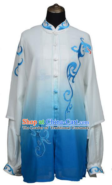 Top Kung Fu Costume Martial Arts Costume Kung Fu Training Blue Uniform, Gongfu Shaolin Wushu Embroidery Tai Ji Clothing for Women