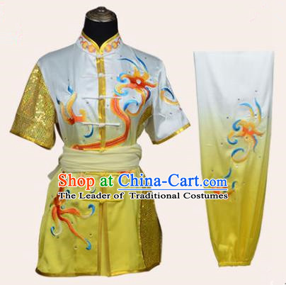 Top Kung Fu Costume Martial Arts Costume Kung Fu Training Plated Buttons Yellow Uniform, Gongfu Shaolin Wushu Embroidery Dragon Tai Ji Clothing for Women for Men