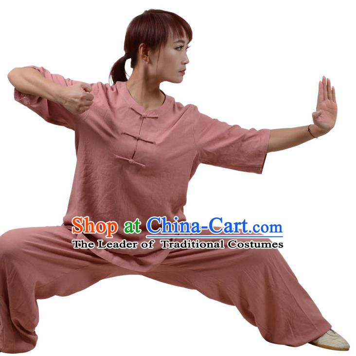 Top Kung Fu Linen Costume Martial Arts Costume Kung Fu Training Plated Buttons Orange Uniform, Gongfu Shaolin Wushu Tai Ji Clothing for Women for Men