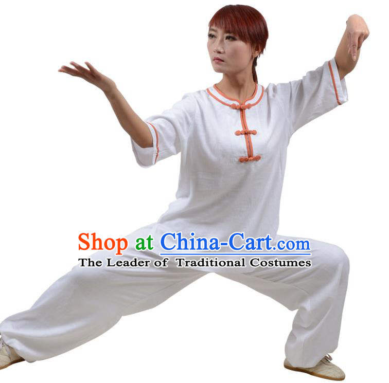 Top Kung Fu Linen Costume Martial Arts Costume Kung Fu Training Orange Plated Buttons White Uniform, Gongfu Shaolin Wushu Tai Ji Clothing for Women for Men