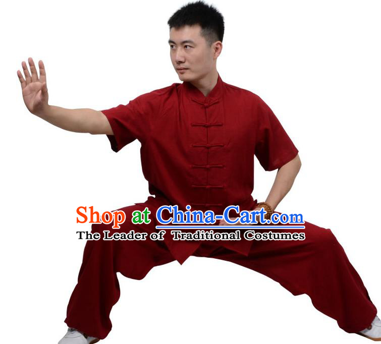 Top Kung Fu Linen Costume Martial Arts Costume Kung Fu Training Short Sleeve Red Uniform, Gongfu Shaolin Wushu Tai Ji Plated Buttons Clothing for Women for Men