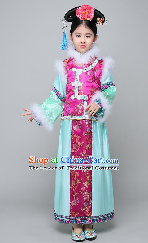 Traditional Ancient Chinese Qing Dynasty Manchu Lady Rosy Costume, Chinese Mandarin Princess Embroidered Clothing for Kids