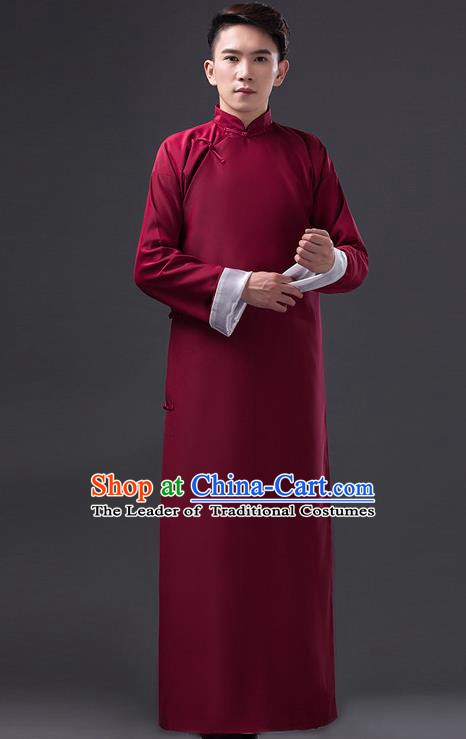 Traditional Chinese Republic of China Costume Wine Red Long Gown, China National Comic Dialogue Clothing for Men