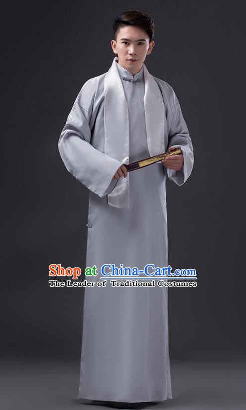 Traditional Chinese Republic of China Costume Grey Long Gown, China National Comic Dialogue Clothing for Men