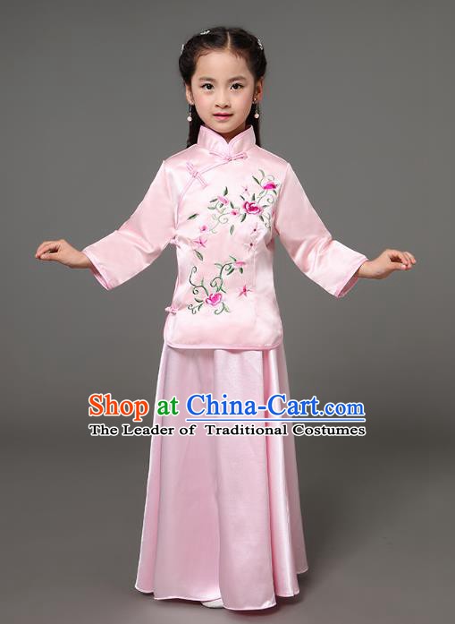 Traditional Chinese Republic of China Children Clothing, China National Embroidered Pink Cheongsam Blouse and Skirt for Kids