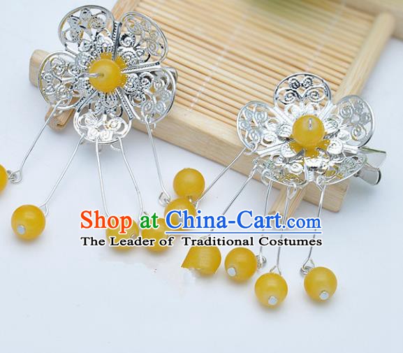 Traditional Chinese Handmade Hair Accessories Hairpins Hanfu Yellow Beads Tassel Hair Claw for Kids