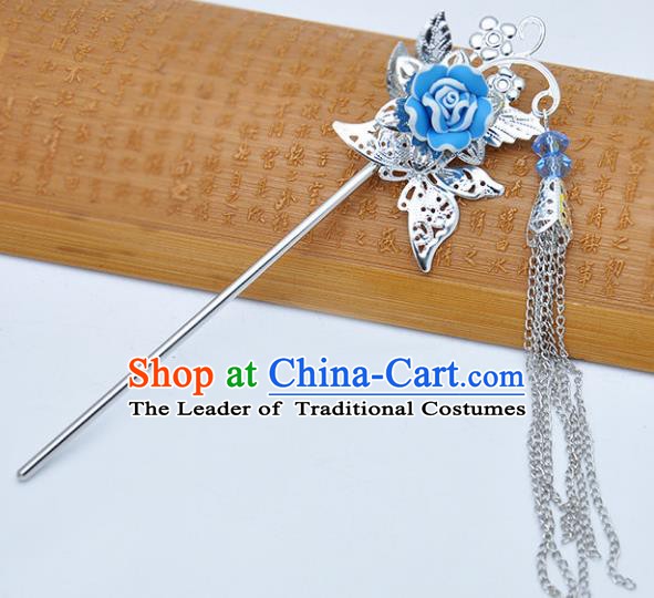 Traditional Chinese Handmade Hair Accessories Princess Hairpins Hanfu Blue Flower Tassel Step Shake for Kids