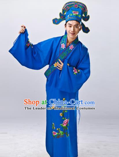Traditional China Beijing Opera Costume Gifted Scholar Blue Embroidered Robe, Chinese Peking Opera Niche Embroidery Clothing