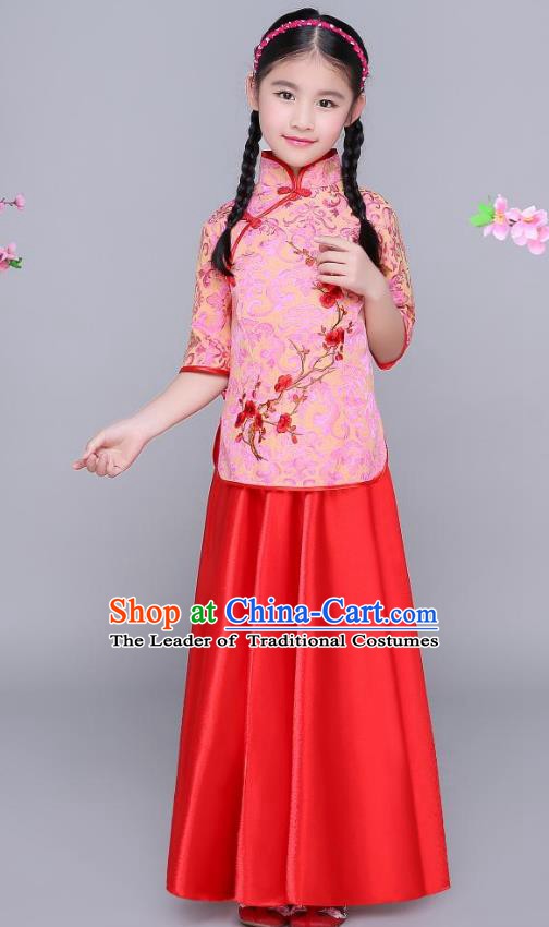 Traditional Chinese Republic of China Children Clothing, China National Embroidered Wintersweet Red Blouse and Skirt for Kids