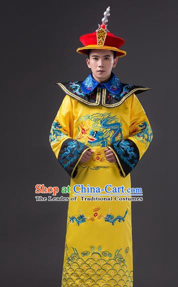 Traditional Chinese Qing Dynasty Emperor Costume, China Manchu Majesty Embroidered Dragon Robe for Men