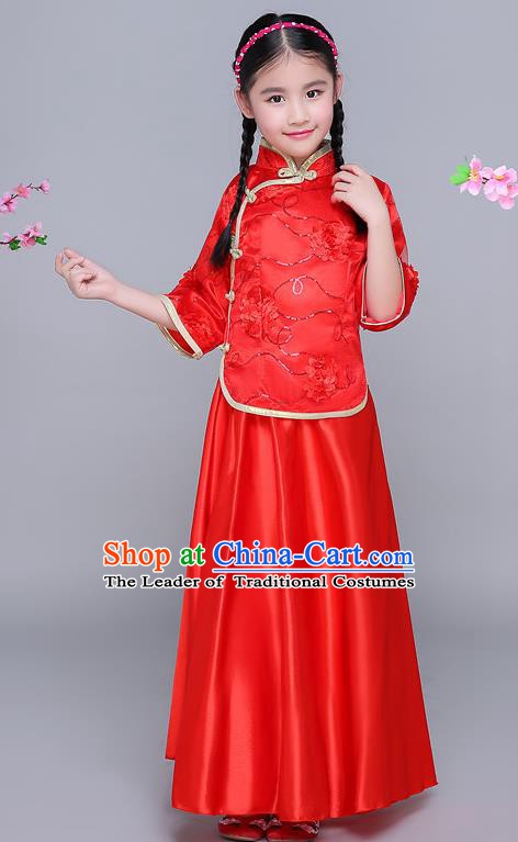 Traditional Chinese Republic of China Nobility Lady Clothing, China National Embroidered Red Blouse and Skirt for Kids