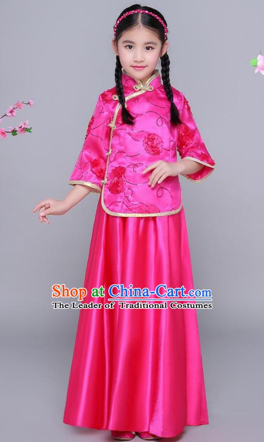 Traditional Chinese Republic of China Nobility Lady Clothing, China National Embroidered Rosy Blouse and Skirt for Kids