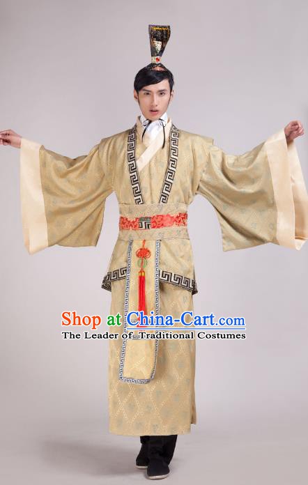 Traditional Chinese Han Dynasty Minister Yellow Costume, China Ancient Chancellor Hanfu Clothing for Men