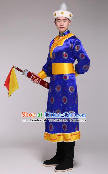 Traditional Chinese Mongol Nationality Dance Costume, Mongolian Minority Folk Dance Embroidery Blue Mongolian Robe for Men