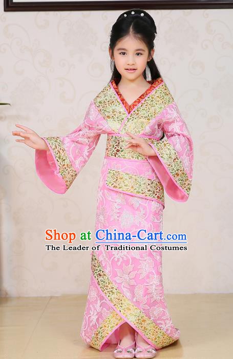 Traditional Chinese Han Dynasty Palace Lady Costume Pink Curving-front Robe, China Ancient Princess Hanfu Clothing for Kids