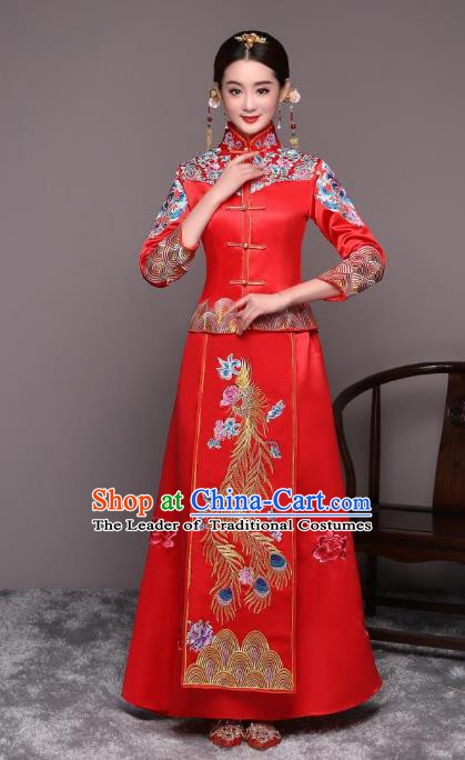 Ancient Chinese Wedding Costume Xiuhe Suits Traditional Women Embroidered Phoenix Flown Bride Toast Cheongsam