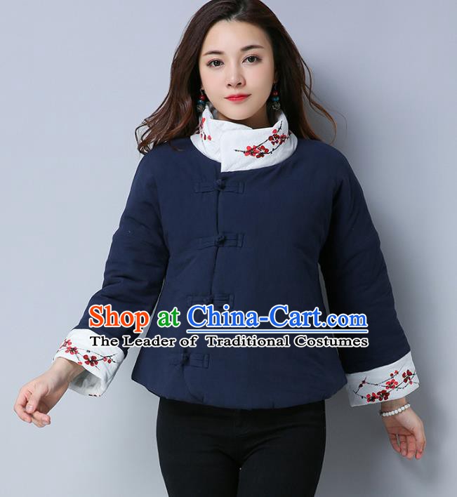 Traditional Chinese National Costume Hanfu Slant Opening Embroidered Cotton-padded Jacket, China Tang Suit Navy Coat for Women