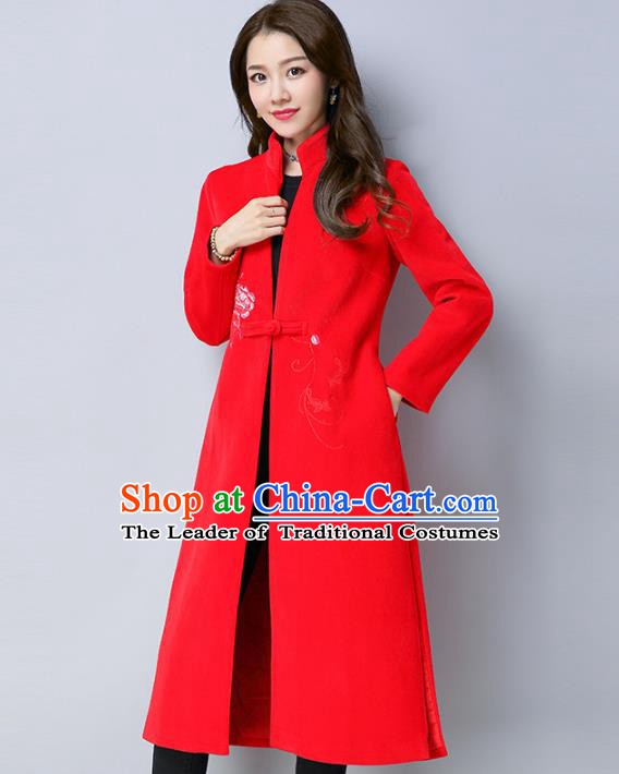 Traditional Chinese National Costume Hanfu Printing Red Cotton-padded Coats, China Tang Suit Dust Coat for Women