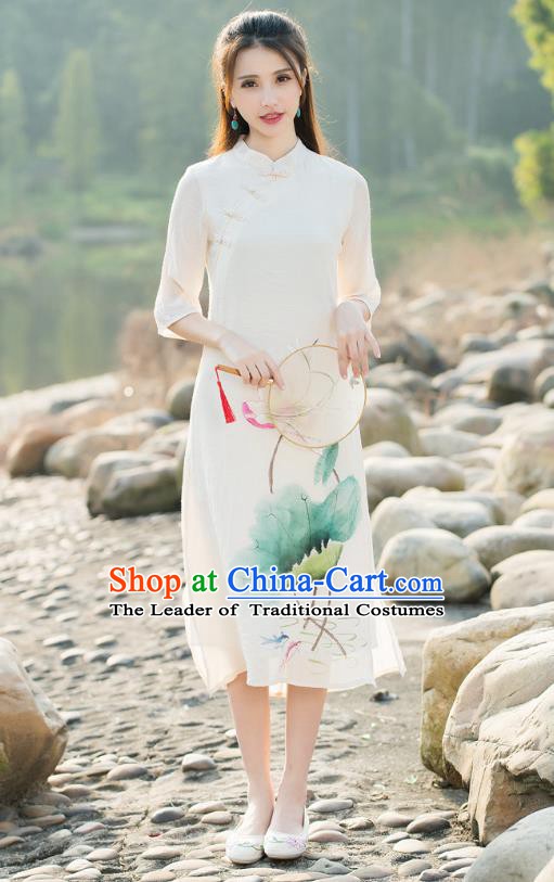 Traditional Chinese National Costume Hanfu Printing Lotus White Qipao, China Tang Suit Cheongsam Dress for Women