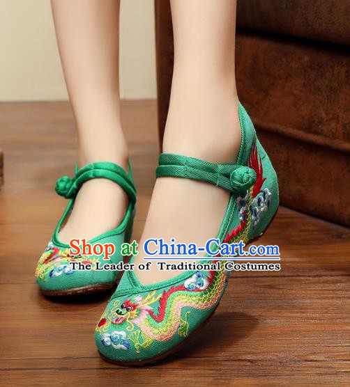 Traditional Chinese National Green Satin Embroidered Lotus Shoes, China Princess Shoes Hanfu Embroidery Dragons Shoes for Women