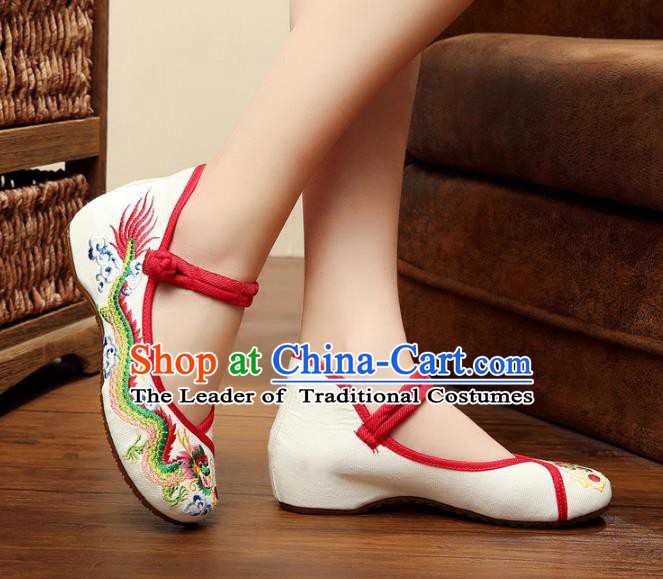 Traditional Chinese National White Satin Embroidered Lotus Shoes, China Princess Shoes Hanfu Embroidery Dragons Shoes for Women