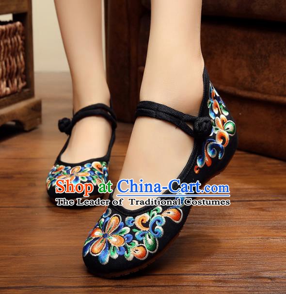 Traditional Chinese National Black Embroidered Shoes, China Princess Shoes Hanfu Embroidery Shoes for Women