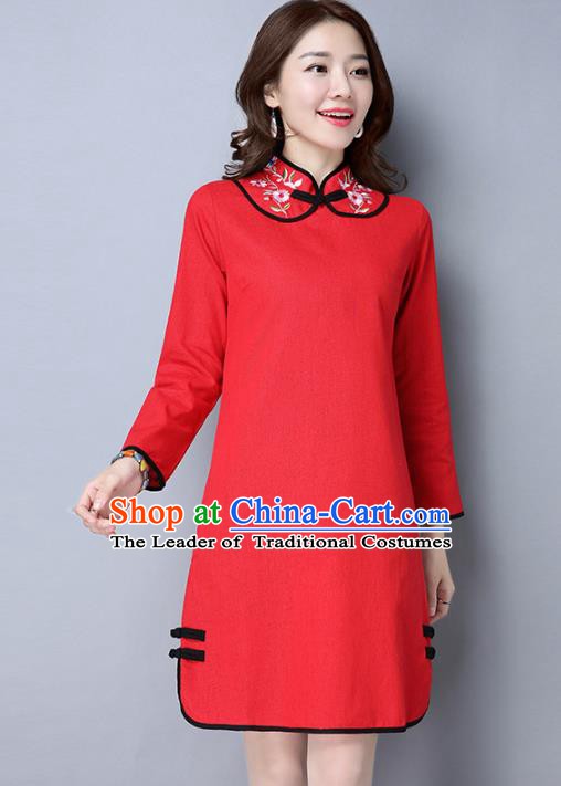 Traditional Chinese National Costume Hanfu Red Embroidered Qipao Dress, China Tang Suit Cheongsam for Women