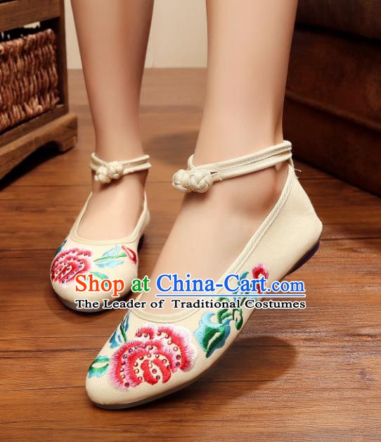 Traditional Chinese National Embroidered Peony White Shoes, China Princess Embroidery Shoes for Women