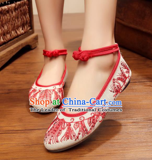 Traditional Chinese National Hanfu Red Embroidered Shoes, China Princess Embroidery Shoes for Women