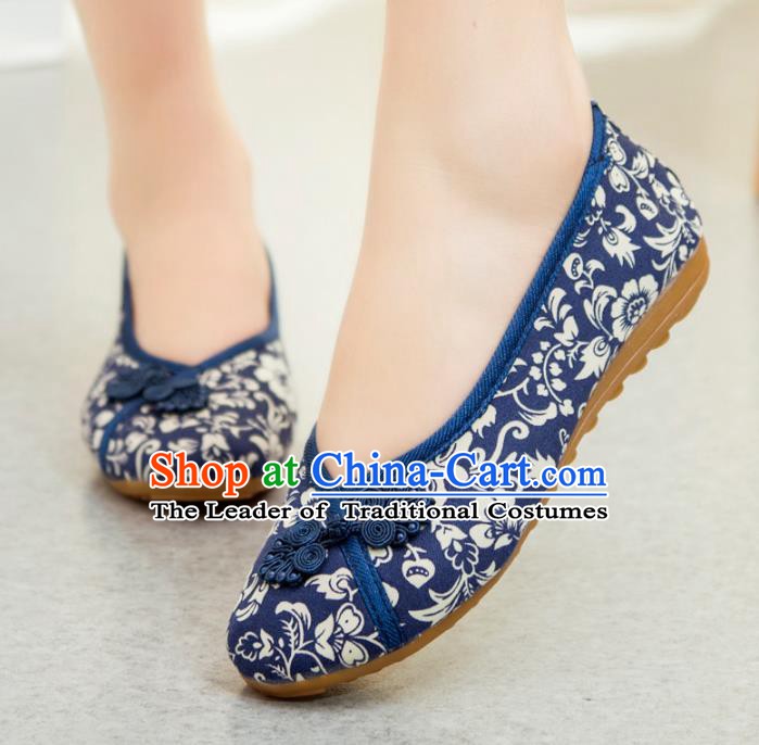 Traditional Chinese National Hanfu Blue Shoes, China Princess Embroidery Shoes for Women