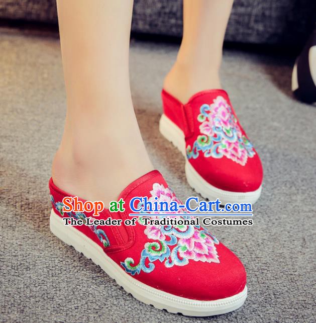 Traditional Chinese National Hanfu Red Embroidered Slippers, China Princess Embroidery Shoes for Women